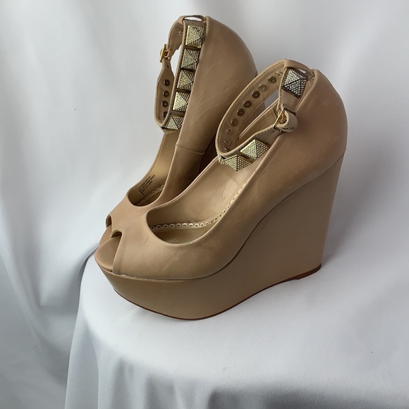 Bebe Nude Studded Ankle Strap Wedges - Picture 7 of 13